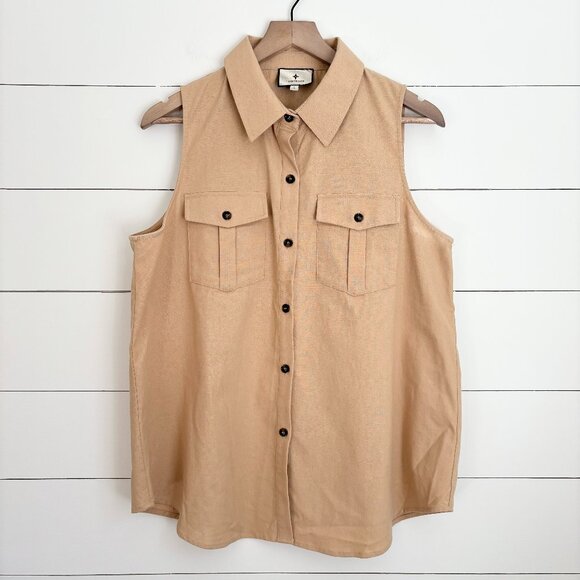 Tuckernuck Tops - Tuckernuck tan linen/cotton button down vest with pockets on front